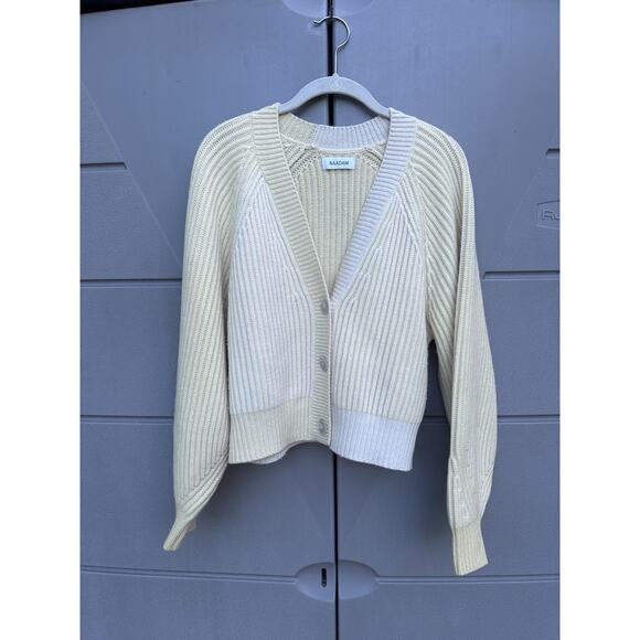 NAADAM Wool Cashmere Ribbed Color Block Fisherman Sweater Cardigan XS Cozy Crop - Picture 3 of 13